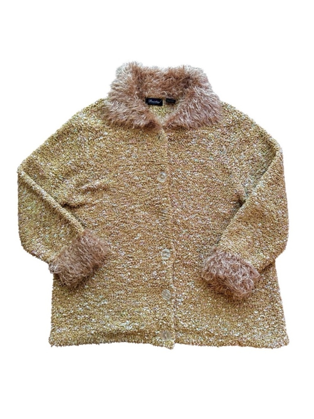Vintage Yellow Faux Fur Trim Coat XL Y2K Textured Button Front Jacket Retro